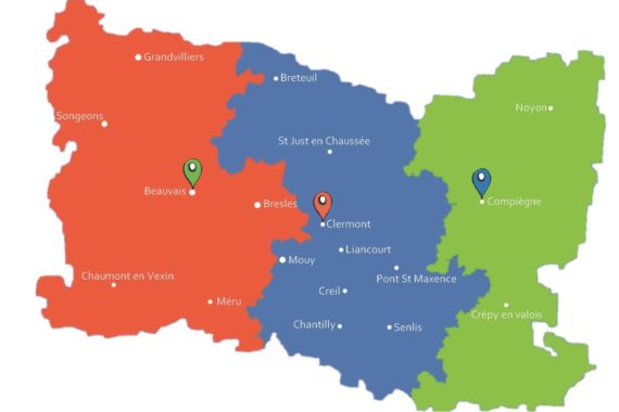 Carte d'intervention de l'Equipe Mobile d'Appui médico-social à la Scolarisation de l'Oise. L'EMAS intervient sur tout le secteur de l'Oise, selon un découpage en 3 territoires.