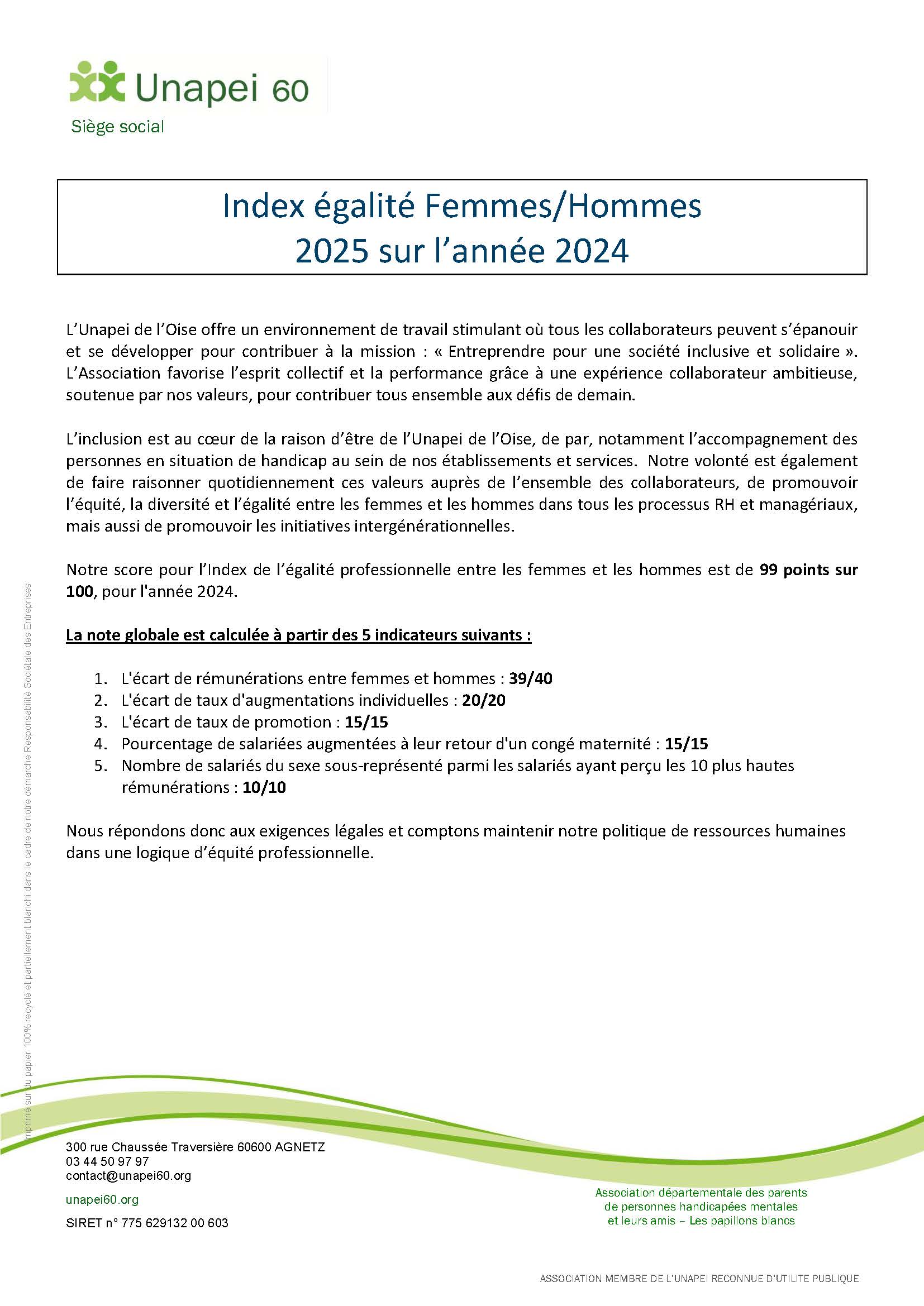 Indes égalité Femmes/Hommes 2025 sur l'année 2024 à l'Unapei de l'Oise