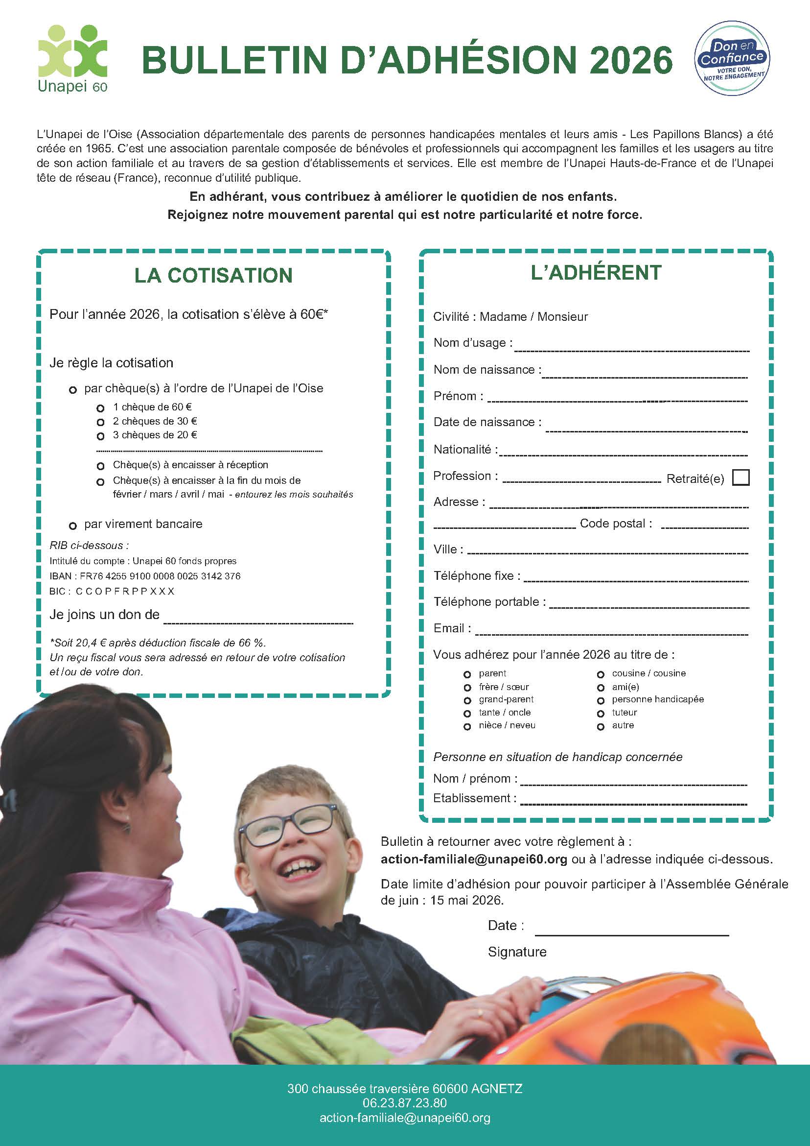 Bulletin d'adhésion 2026 à l'Unapei de l'Oise - page 1